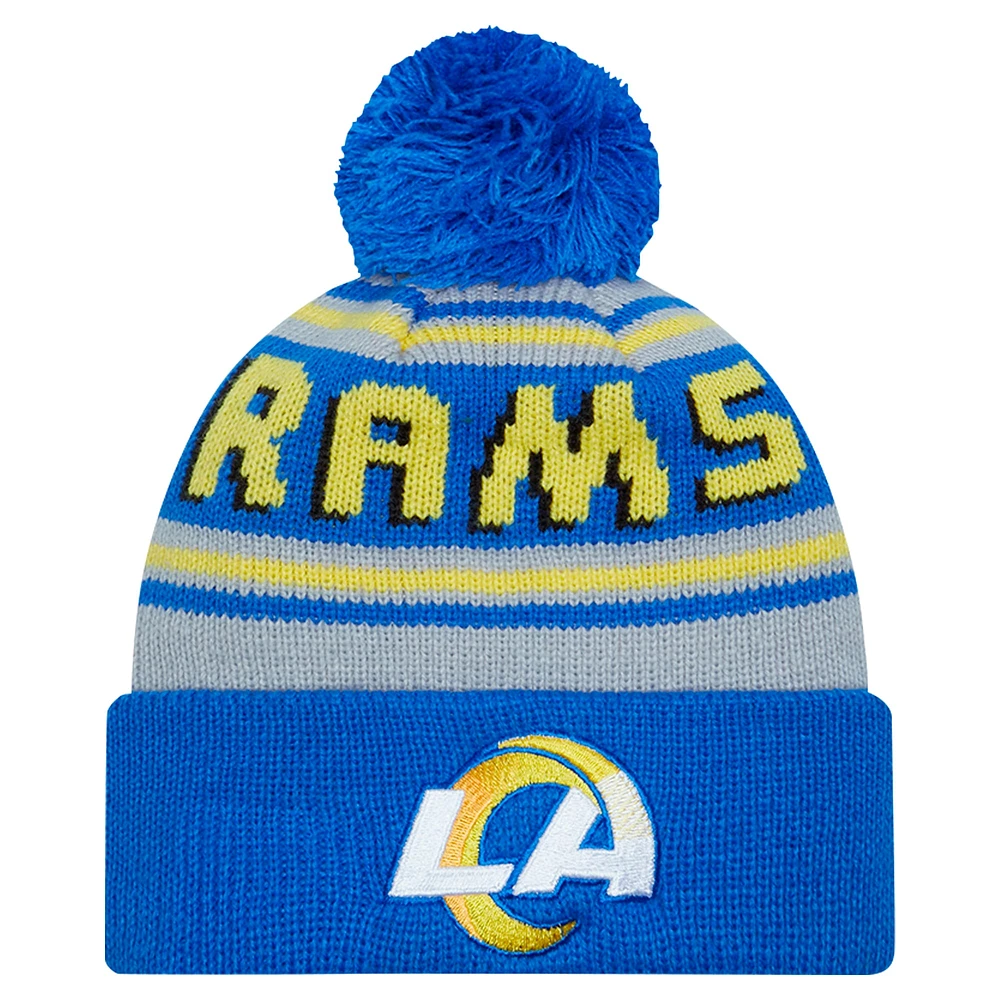 Bonnet tricoté à revers avec pompon et inscription Los Angeles Rams bleu New Era pour homme