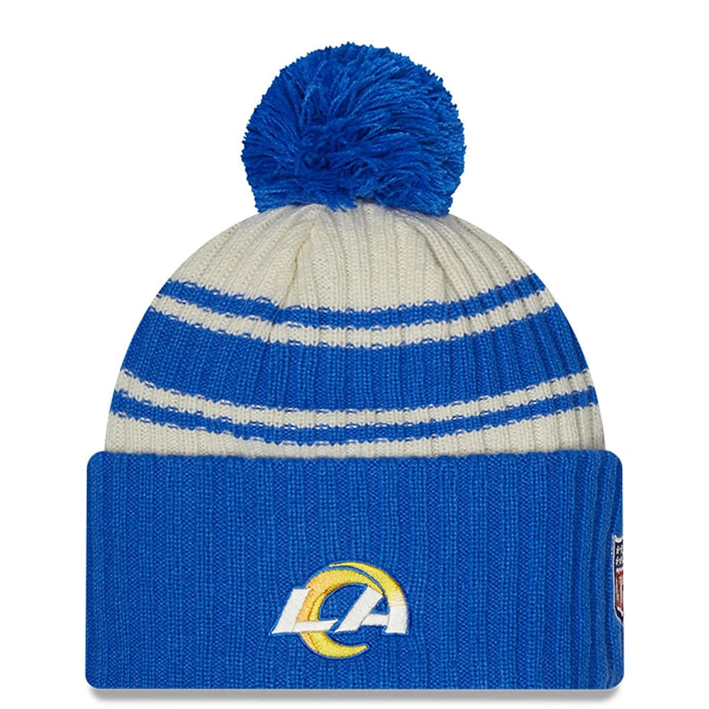 Men's New Era Cream/Royal Los Angeles Rams 2022 Sideline - Sport Cuffed Pom Knit Hat
