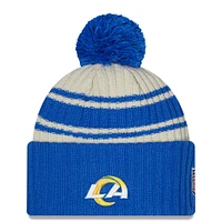 Men's New Era Cream/Royal Los Angeles Rams 2022 Sideline - Sport Cuffed Pom Knit Hat