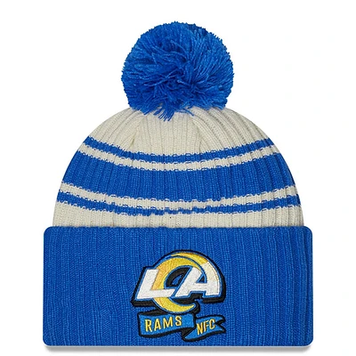 Men's New Era Cream/Royal Los Angeles Rams 2022 Sideline - Sport Cuffed Pom Knit Hat