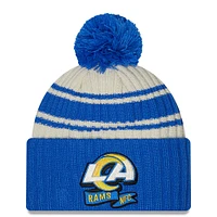 Men's New Era Cream/Royal Los Angeles Rams 2022 Sideline - Sport Cuffed Pom Knit Hat