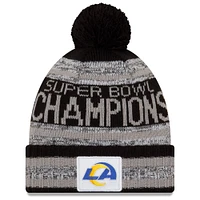 Bonnet en tricot à revers avec pompons Los Angeles Rams Super Bowl LVI Champions Parade New Era pour homme, gris chiné/noir