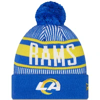 Bonnet en tricot à revers rayé Royal Los Angeles Rams New Era pour hommes avec pompon