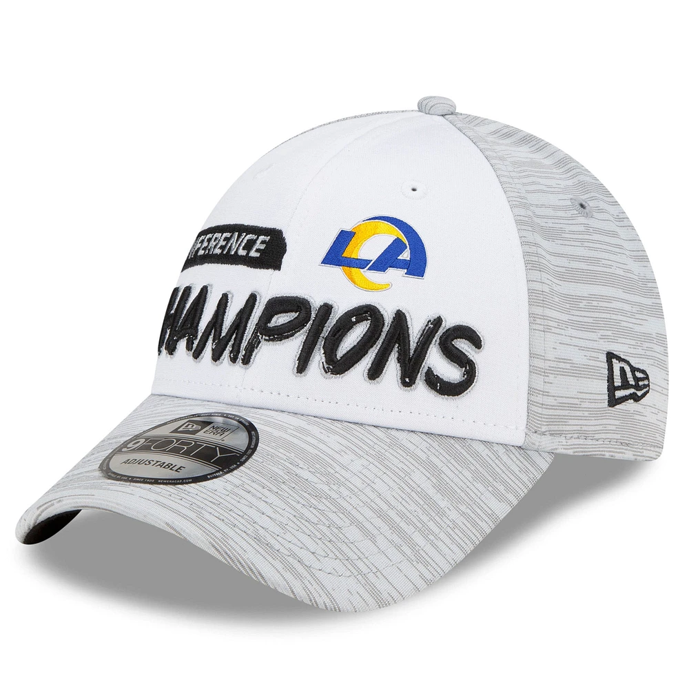 Men's New Era White/Heathered Gray Los Angeles Rams 2021 NFC Champions Locker Room 9FORTY Snapback Adjustable Hat