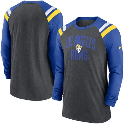 T-shirt à manches longues raglan athlétique tri-mélange anthracite chiné/royal Los Angeles Rams Nike pour homme