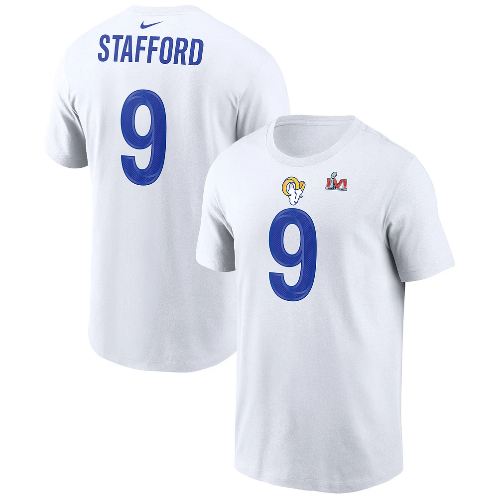 T-shirt avec nom et numéro du joueur Super Bowl LVI des Rams de Los Angeles Nike Matthew Stafford pour homme, blanc