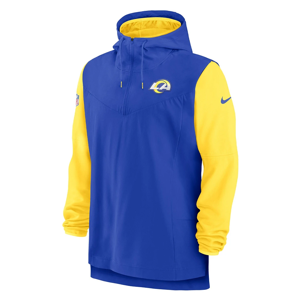 Veste à capuche avec fermeture éclair quart de joueur Los Angeles Rams Sideline Player Nike Royal/Or pour Homme