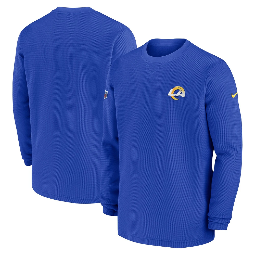 Haut à manches longues gaufré brossé lourd Nike Royal Los Angeles Rams 2023 Sideline Throwback pour Homme