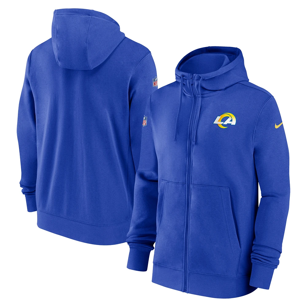 Sweat à capuche entièrement zippé Nike Royal Los Angeles Rams Sideline Club Performance pour Homme