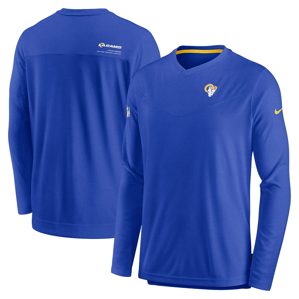 T-shirt de performance à manches longues et col en V pour homme Nike Royal Los Angeles Rams Sideline Coach Chevron Lock Up