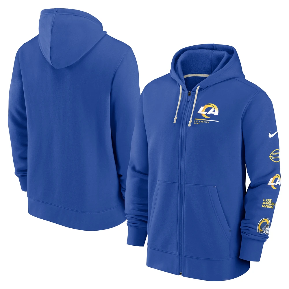 Sweat à capuche entièrement zippé Nike Royal Los Angeles Rams Surrey pour homme