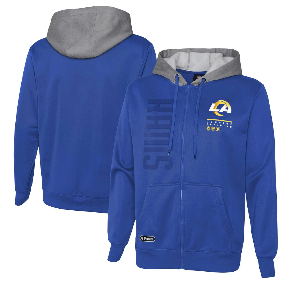 Sweat à capuche entièrement zippé Royal Los Angeles Rams Combine Authentic Field Play pour hommes