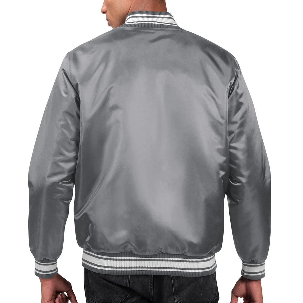 Veste universitaire à bouton-pression en satin pour hommes Starter Grey Los Angeles Rams Locker Room