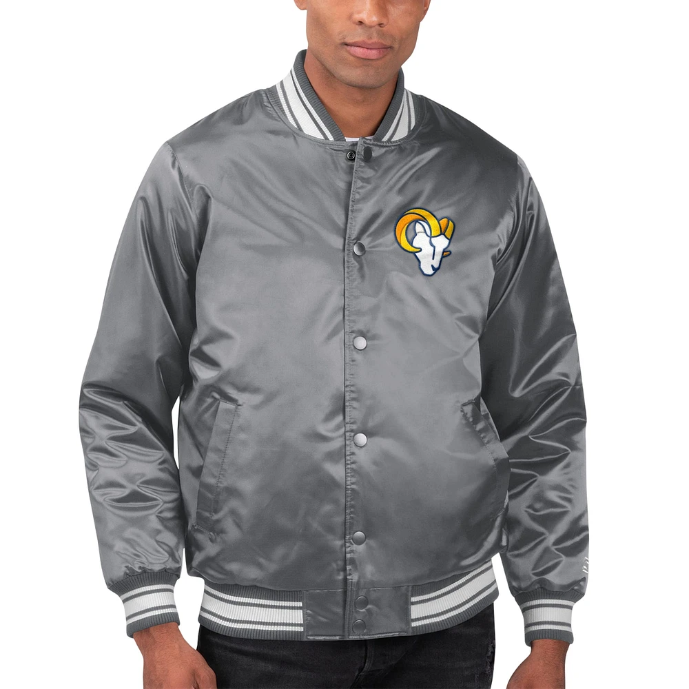 Veste universitaire à bouton-pression en satin pour hommes Starter Grey Los Angeles Rams Locker Room