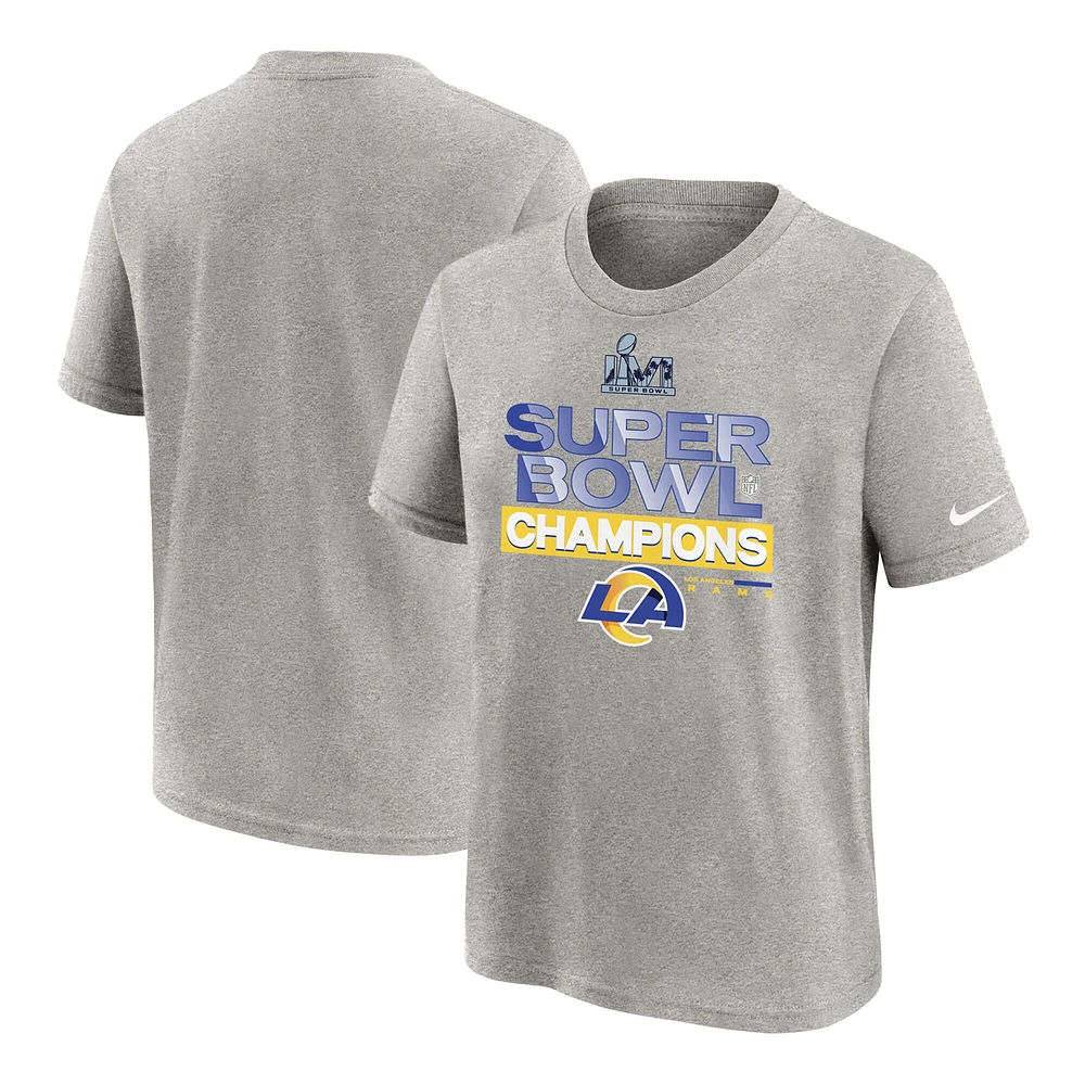 T-shirt Nike pour enfants d'âge préscolaire, gris chiné, collection de trophées du Super Bowl LVI des Rams Los Angeles, vestiaire