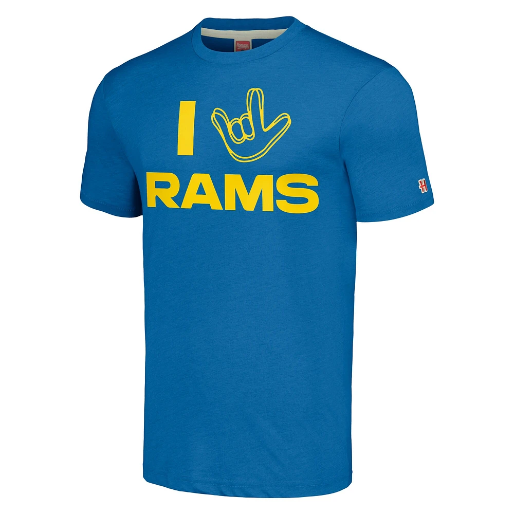 Hommage unisexe Royal Los Angeles Rams La collection NFL ASL par Love Sign T-shirt triple mélange