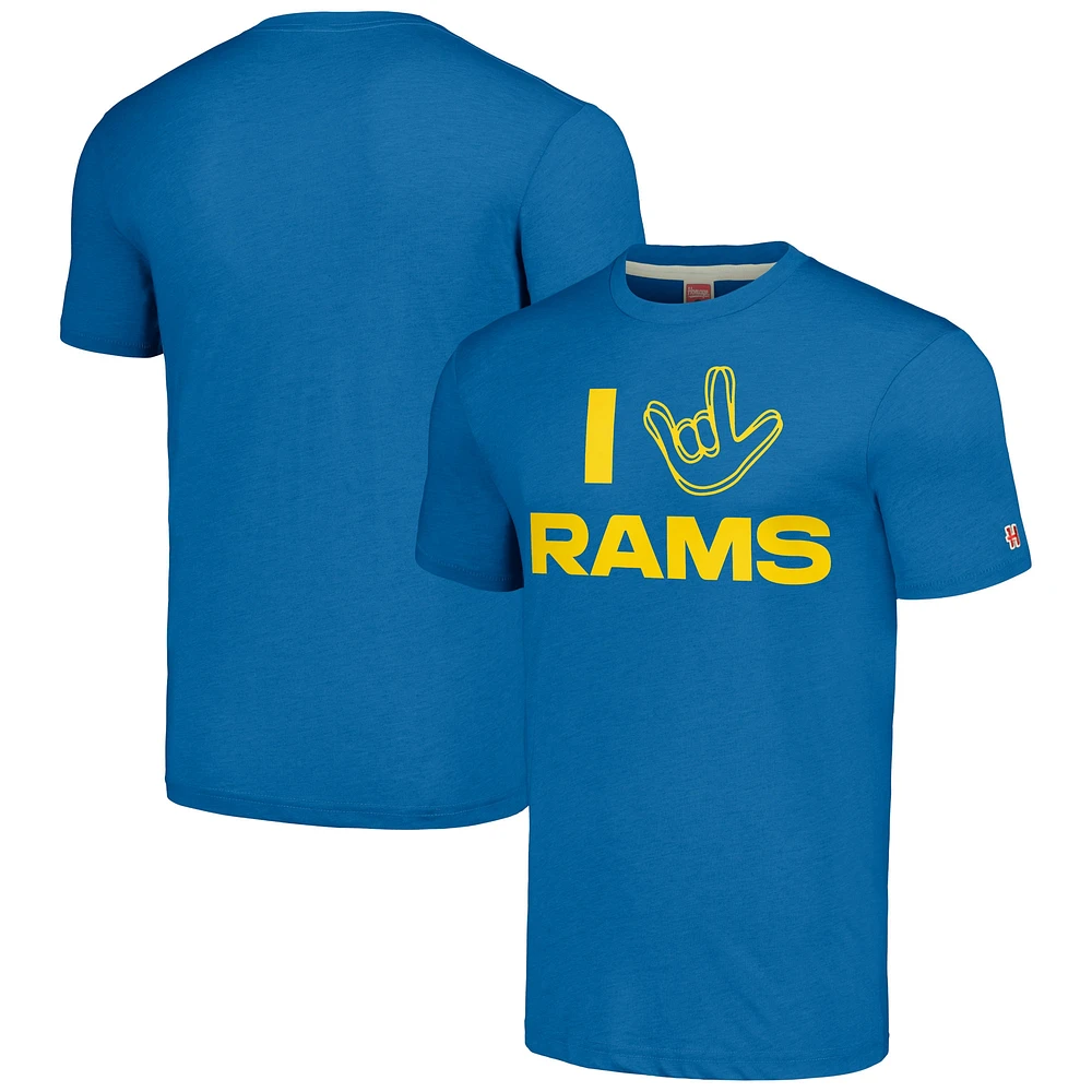 Hommage unisexe Royal Los Angeles Rams La collection NFL ASL par Love Sign T-shirt triple mélange