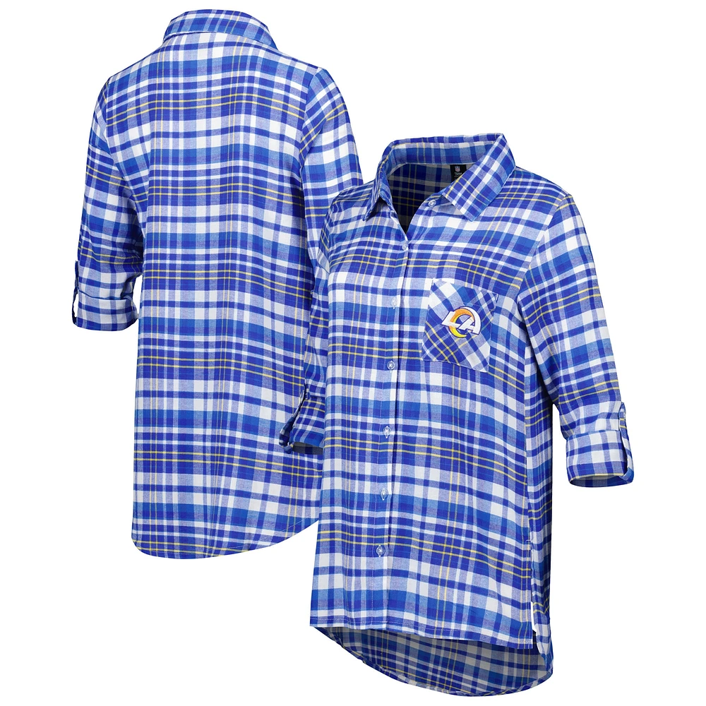 Women's Concepts Sport Royal Los Angeles Rams Mainstay Plaid Full-Button Long Sleeve Nightshirt