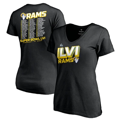 T-shirt noir à col en V Fanatics pour femmes des Rams de Los Angeles Super Bowl LVI Bound Tilted Roster