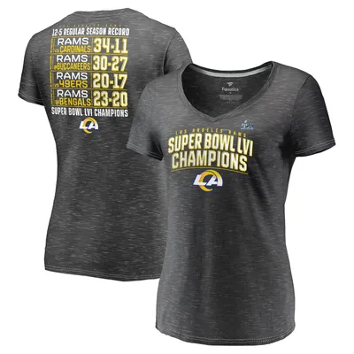 Los Angeles Rams Fanatics Branded Women's Super Bowl LVI Champions Schedule V-Neck T-Shirt - Heathered Charcoal