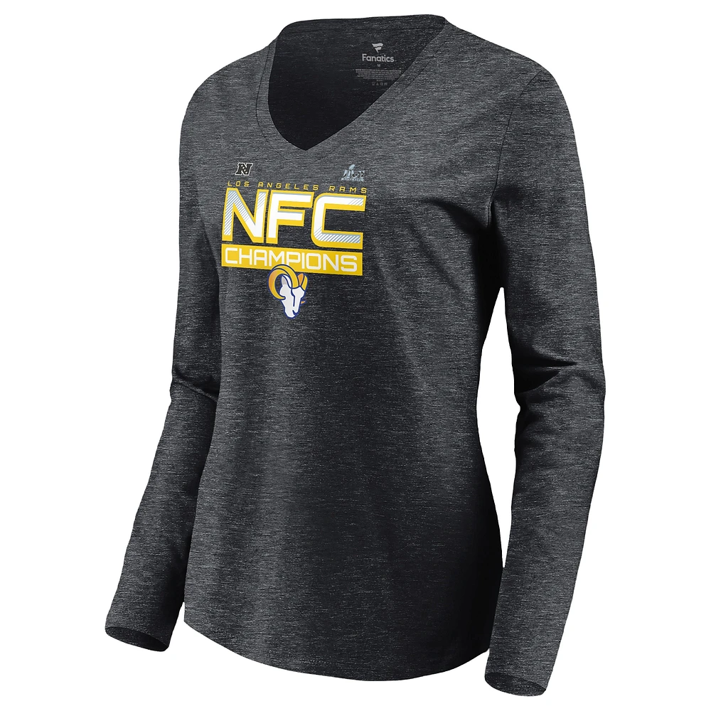 T-shirt à manches longues et col en V incliné emblématique pour femmes Fanatics Charcoal Los Angeles Rams 2021 NFC Champions