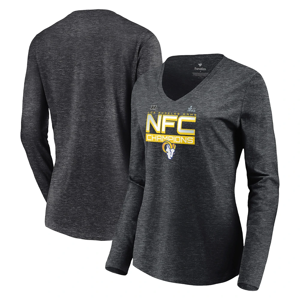 Women's Fanatics Charcoal Los Angeles Rams 2021 NFC Champions Iconic Slant V-Neck Long Sleeve T-Shirt