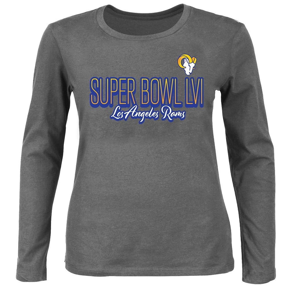 Women's Fanatics Charcoal Los Angeles Rams Super Bowl LVI Bound Plus Color Fade Scoop Neck Long Sleeve T-Shirt