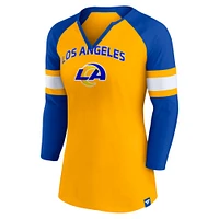 T-shirt Fanatics Gold/Royal Los Angeles Rams Arch Raglan à manches 3/4 et col cranté pour femmes