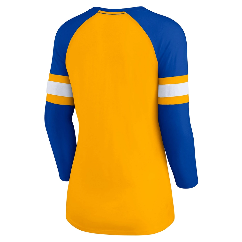 T-shirt Fanatics Gold/Royal Los Angeles Rams Arch Raglan à manches 3/4 et col cranté pour femmes