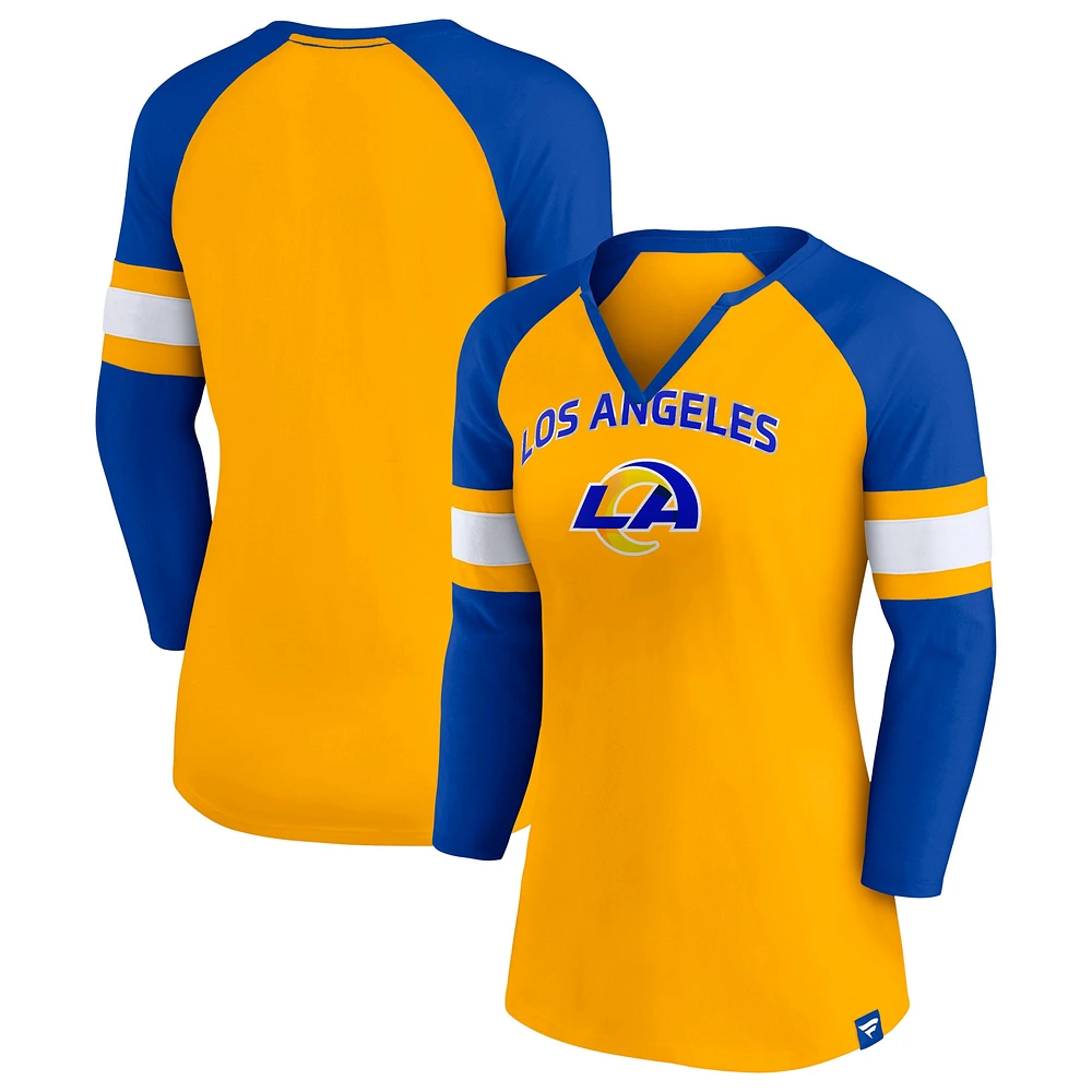 T-shirt Fanatics Gold/Royal Los Angeles Rams Arch Raglan à manches 3/4 et col cranté pour femmes