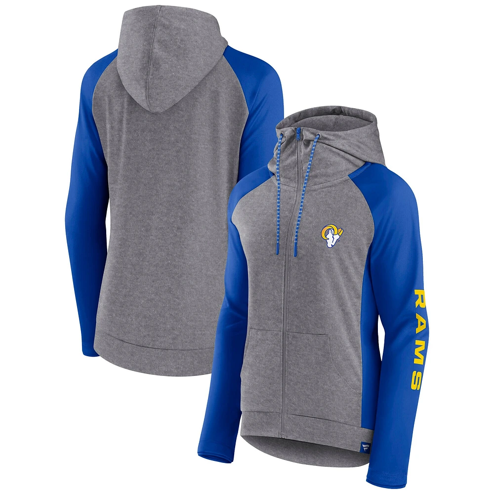 Sweat à capuche léger entièrement zippé Fanatics Heather Grey/College Royal Los Angeles Rams Blind Side pour femmes