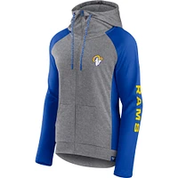 Sweat à capuche léger entièrement zippé Fanatics Heather Grey/College Royal Los Angeles Rams Blind Side pour femmes