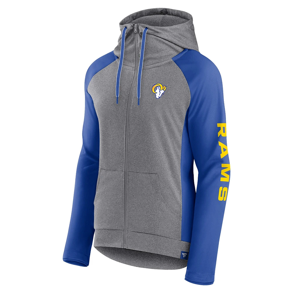 Sweat à capuche léger entièrement zippé Fanatics Heather Grey/College Royal Los Angeles Rams Blind Side pour femmes