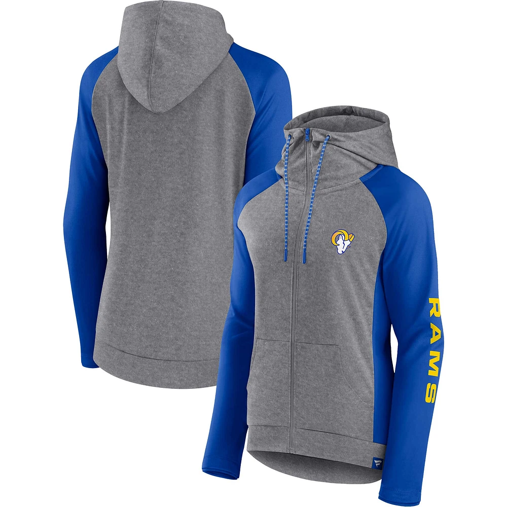 Women's Fanatics  Heather Gray/College Royal Los Angeles Rams Blind Side Lightweight Full-Zip Hoodie