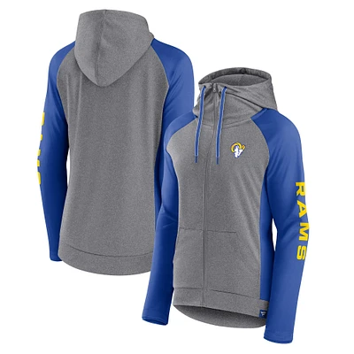 Sweat à capuche léger entièrement zippé Fanatics Heather Grey/College Royal Los Angeles Rams Blind Side pour femmes