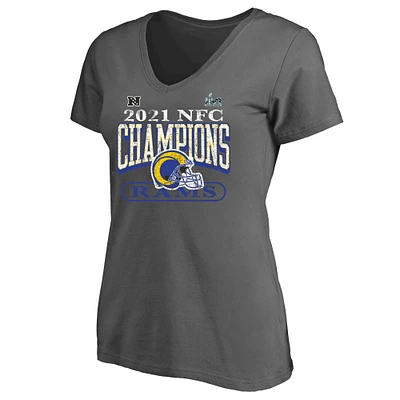 T-shirt à col en V Fanatics Heathered Charcoal pour femmes Los Angeles Rams 2021 NFC Champions grande taille Classic Play