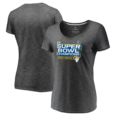 T-shirt à col en V Fanatics Heathered Charcoal pour femmes des Rams de Los Angeles Super Bowl LVI Champions Parade