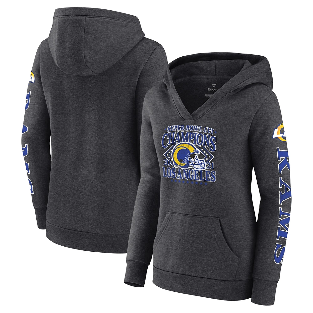 Women's Fanatics Heathered Charcoal Los Angeles Rams Super Bowl LVI Champions Retro Pullover Hoodie