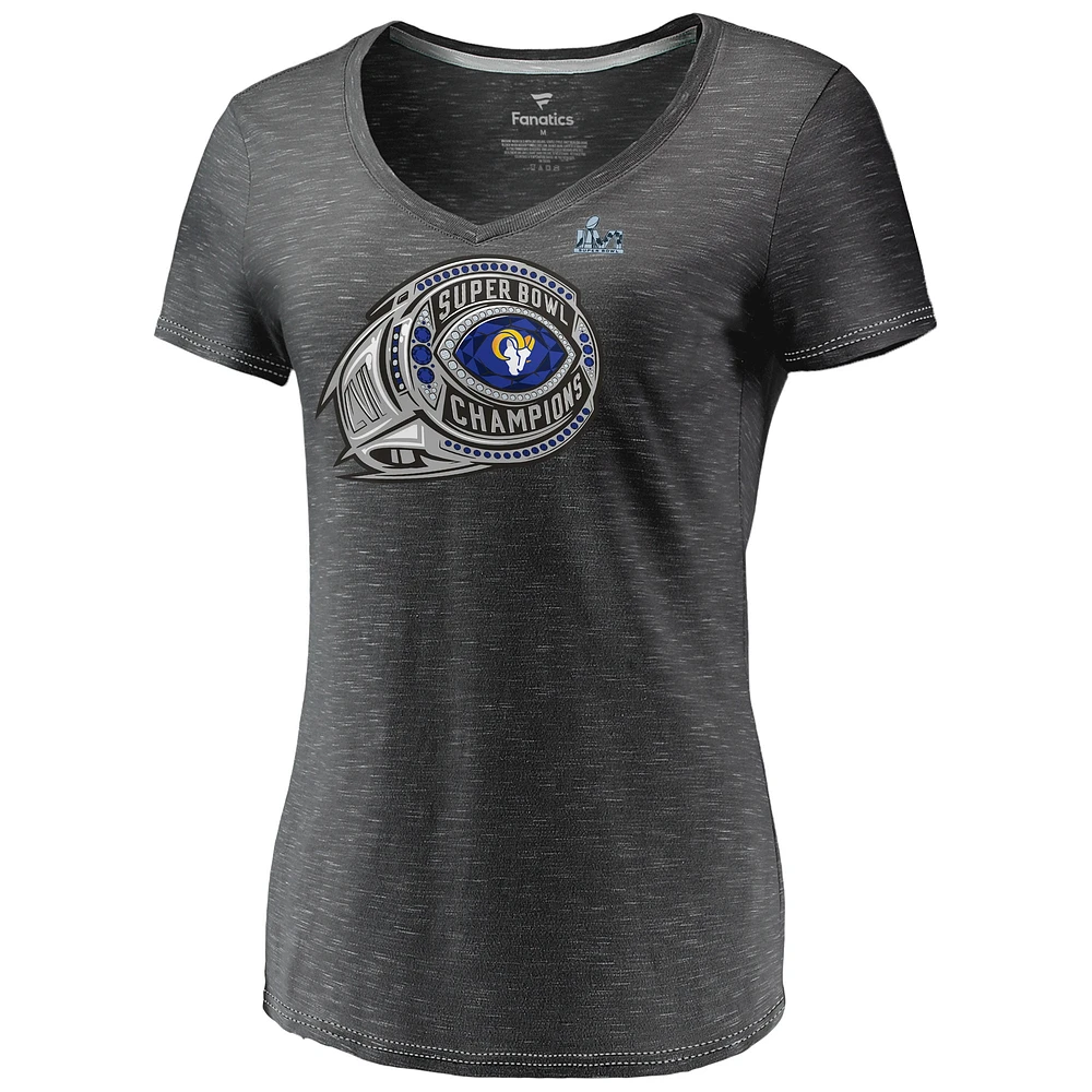 Women's Fanatics Heathered Charcoal Los Angeles Rams Super Bowl LVI Champions Ring Bling V-Neck T-Shirt