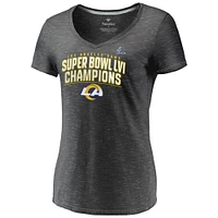 T-shirt à col en V Fanatics Heathered Charcoal pour femmes des Rams de Los Angeles Super Bowl LVI Champions Schedule