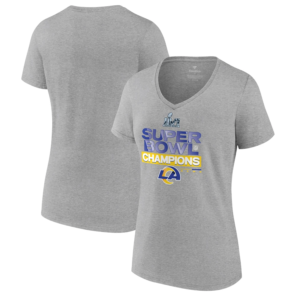 Women's Fanatics Heathered Gray Los Angeles Rams Super Bowl LVI Champions Locker Room Trophy Collection V-Neck T-Shirt