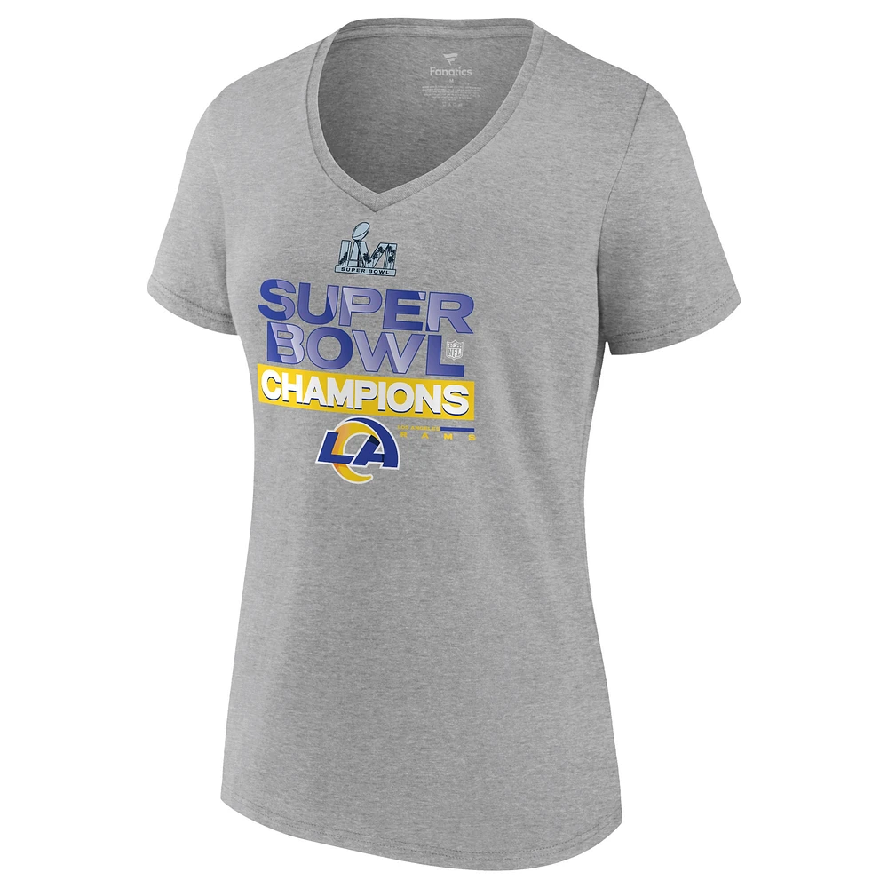 Women's Fanatics Heathered Gray Los Angeles Rams Super Bowl LVI Champions Locker Room Trophy Collection V-Neck T-Shirt