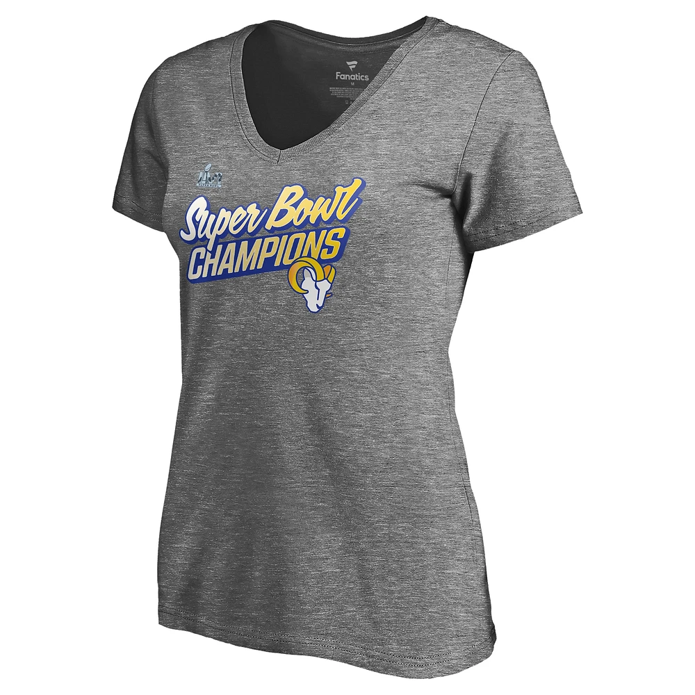 Fanatics pour femmes gris chiné Los Angeles Rams Super Bowl LVI Champions Paint Script T-shirt à col en V