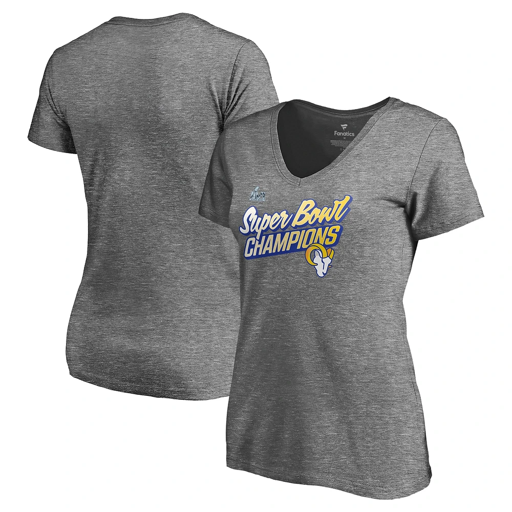 Women's Fanatics Heathered Gray Los Angeles Rams Super Bowl LVI Champions Paint Script V-Neck T-Shirt