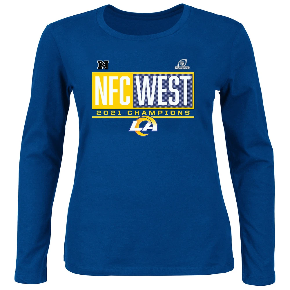 T-shirt à manches longues et col rond Fanatics Royal Los Angeles Rams 2021 NFC West Division Champions pour femmes, grande taille, bloqué préféré