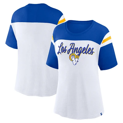 Haut court tendance blanc/bleu royal pour femme avec inscription « Fanatics Los Angeles Rams »