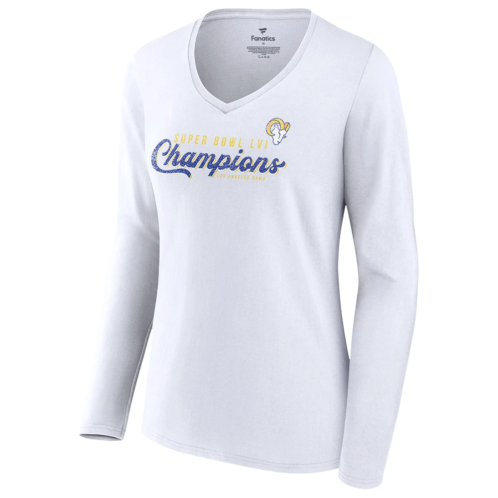 T-shirt blanc à manches longues et col en V Fanatics pour femmes des Rams de Los Angeles Super Bowl LVI Champions