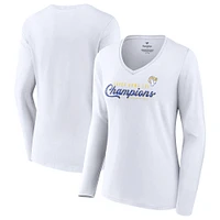 T-shirt blanc à manches longues et col en V Fanatics pour femmes des Rams de Los Angeles Super Bowl LVI Champions