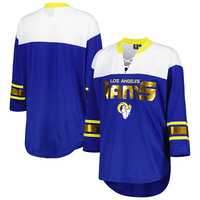 T-shirt à lacets manches 3/4 pour femme G-III 4Her by Carl Banks Royal/White Los Angeles Rams