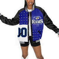 Veste bomber surdimensionnée à boutons-pression et strass Gameday Couture noire/bleue pour femme des Los Angeles Rams